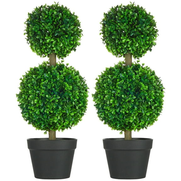 Resenkos 2 Pcs 23.5" Artificial Boxwood Ball Topiary Tree Set of 2 Fake Plants in Pot with Double Ball-Shaped Leaves Green