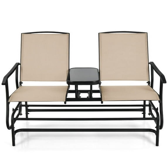 Resenkos 2-Person Double Rocking Loveseat, Small Patio Conversation Furniture Set with Mesh Fabric and Center Tempered Glass Table