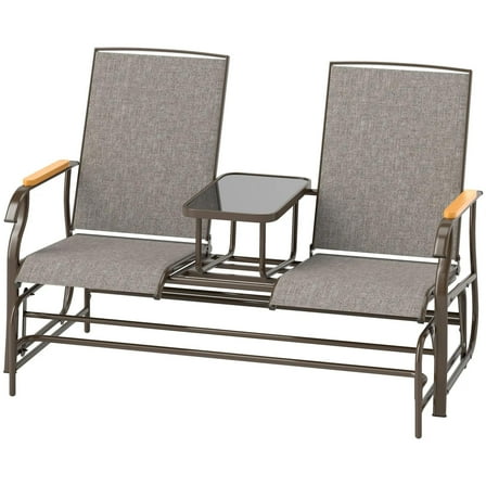 Resenkos 2-Person Glider Bench, Steel Frame Swing Loveseat with Table, Outdoor Relaxation, Perfect for Patio,Light Mixed Brown