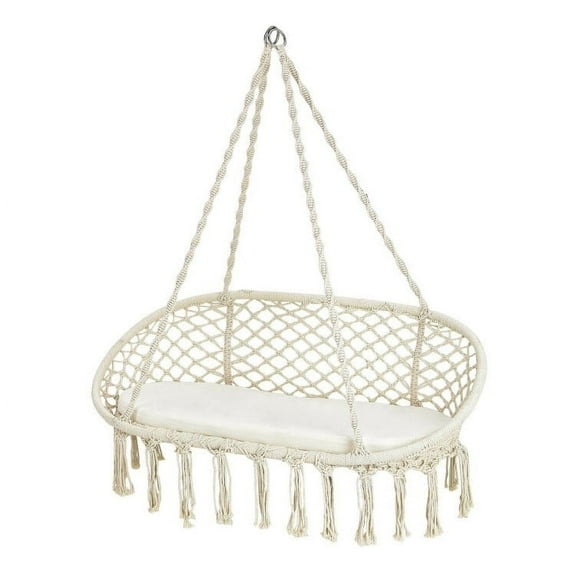 Resenkos 2 Person Hanging Hammock Chair with Cushion Macrame Swing-Beige, Hanging Swing Chair, Use Indoor, Outdoor, Chair, Patio, Porch, Garden, Meditation