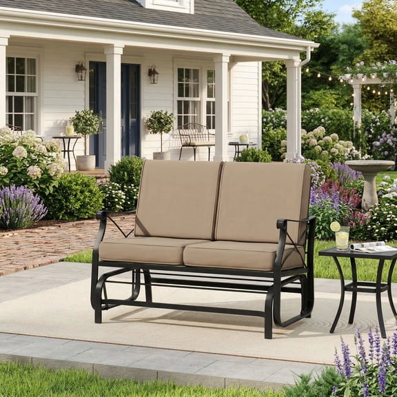 Resenkos 2-Person Outdoor Glider Loveseat with Thick Plush Cushions, Sturdy Metal Frame Rocking Bench for Backyard, Garden, Brown
