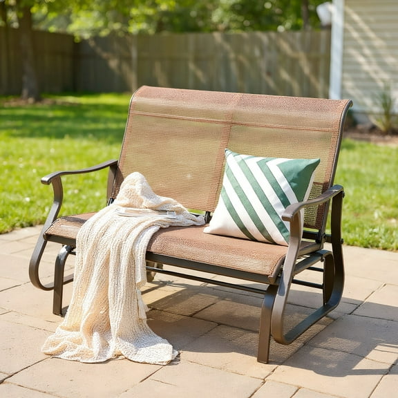 Resenkos 2-Person Patio Glider Bench with High Back and Curved Armrests, Lounge Chair Outdoor with Weather Resistant Steel Frame for Porch Garden Outside, Brown