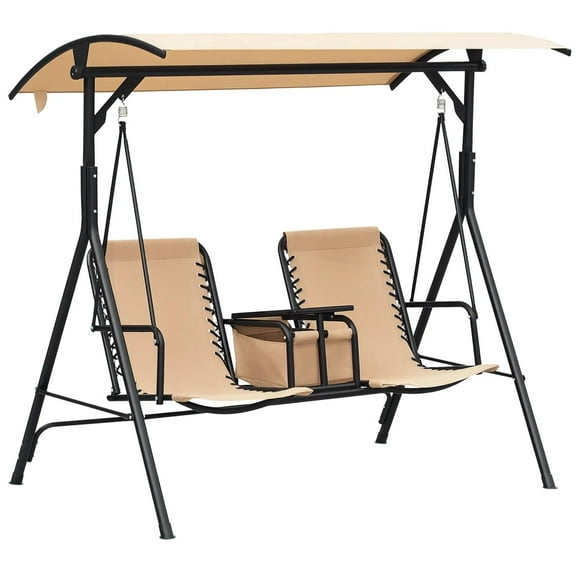 Resenkos 2-Person Swing With Canopy, Storage, Cup Holder, Blue, Outdoor Porch Seating, Beige/Black