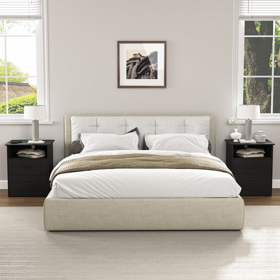 Resenkos 2-Piece Black 2-Drawer Nightstands with Open Storage Shelf & Cable Management, Modern Bedside Tables for Bedroom, Black