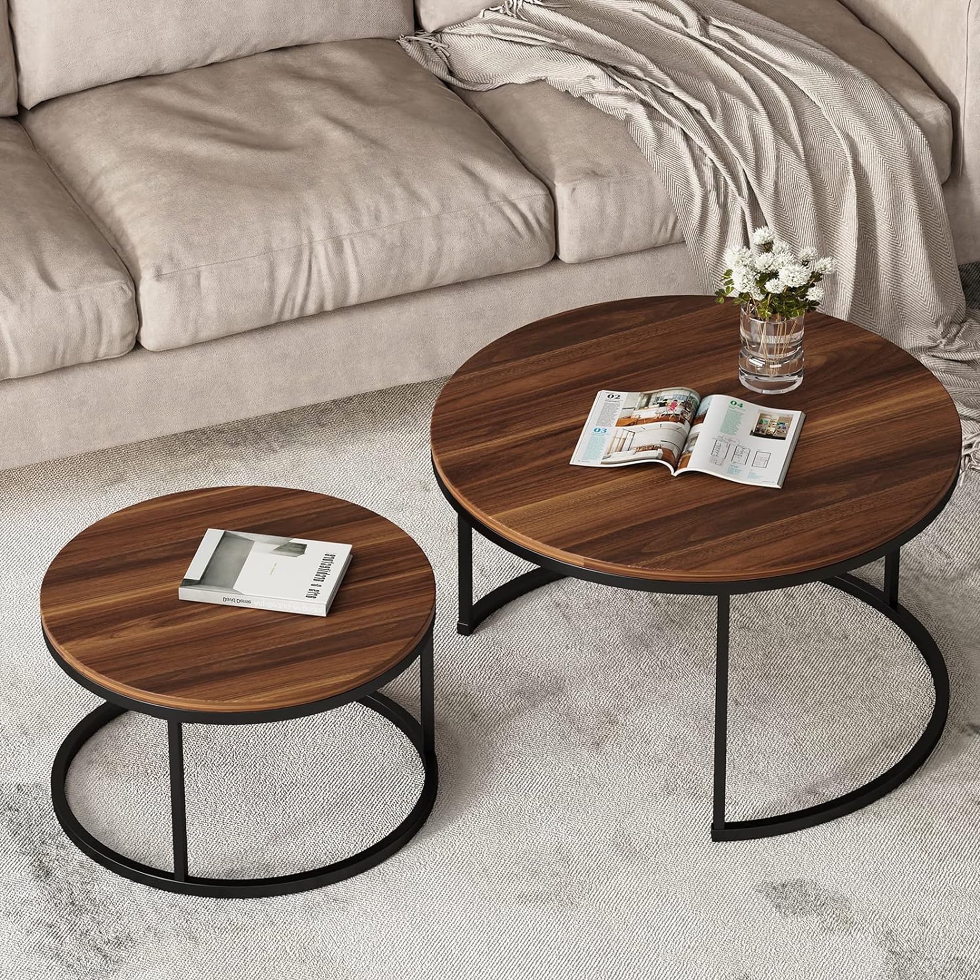 Resenkos 2-Piece Coffee Set Round Glass Nesting Table with Black Frame for Living Room, Walnut