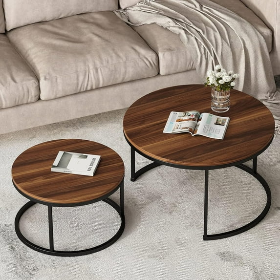 Resenkos 2-Piece Coffee Set Round Marble Nesting Table for Living Room, walnut