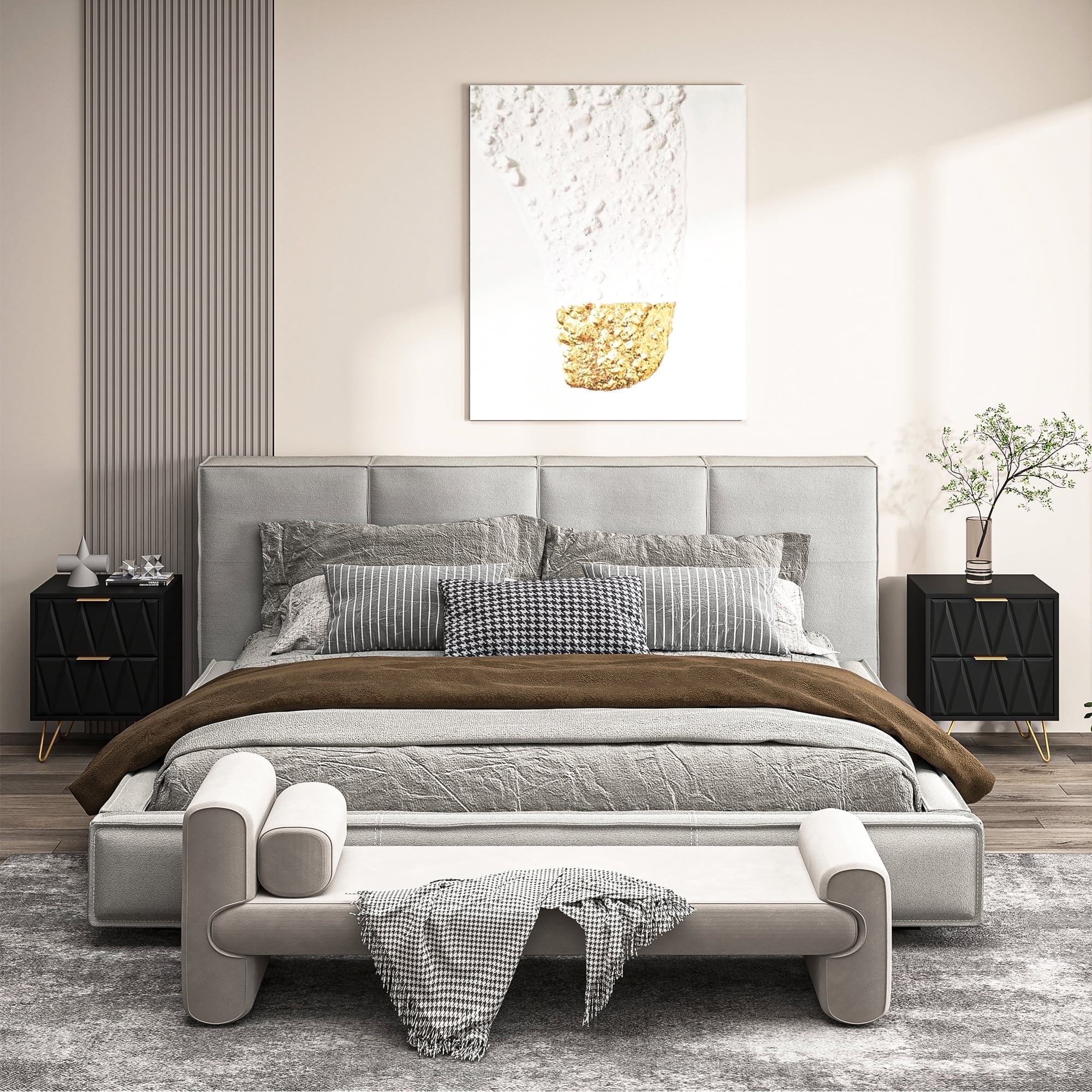 Resenkos 2-Piece Geometric Pattern Nightstands with Gold Hairpin Legs & Brass Handles, Modern Bedside Storage Cabinets for Bedroom, Black