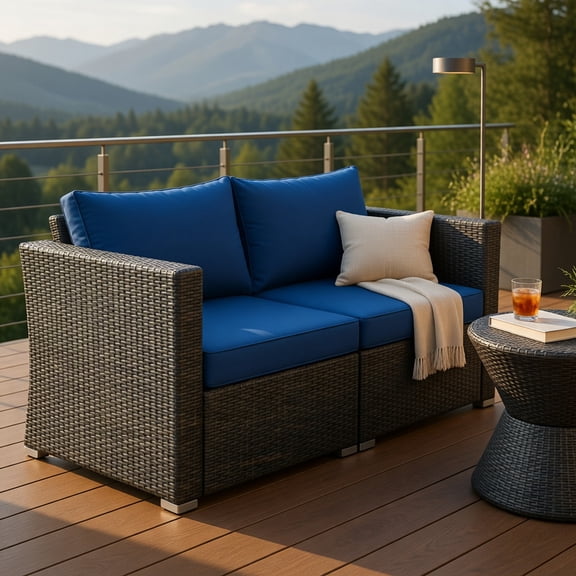 Resenkos 2-Piece Navy Outdoor Rattan Sectional Sofa Set with Steel Frame, Weather-Resistant Wicker & Removable Cushions for Patio, Poolside & Garden