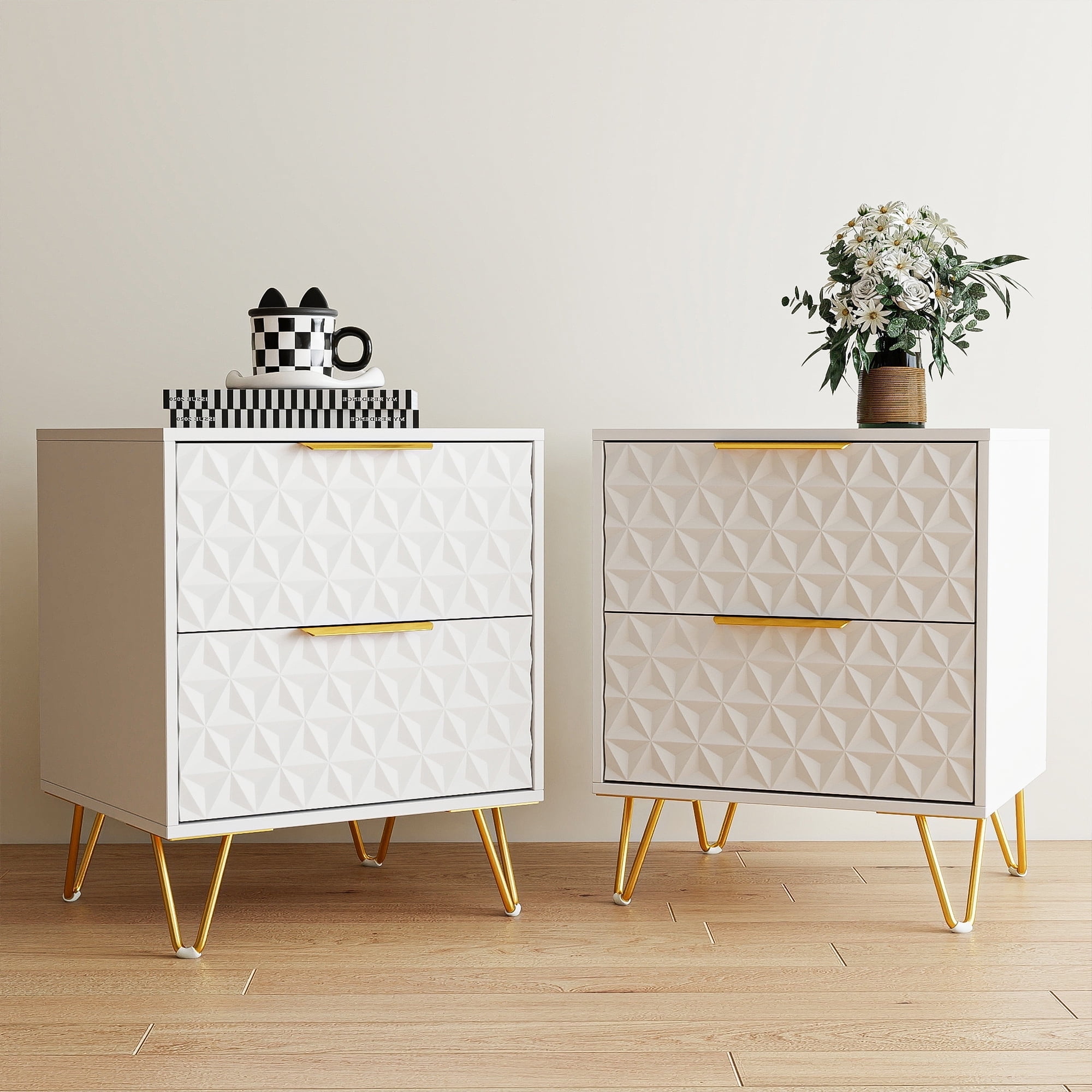 Resenkos 2-Piece Textured Diamond-Pattern Nightstands with Gold Handles & Hairpin Legs, Modern Bedroom Bedside Storage Cabinets, White