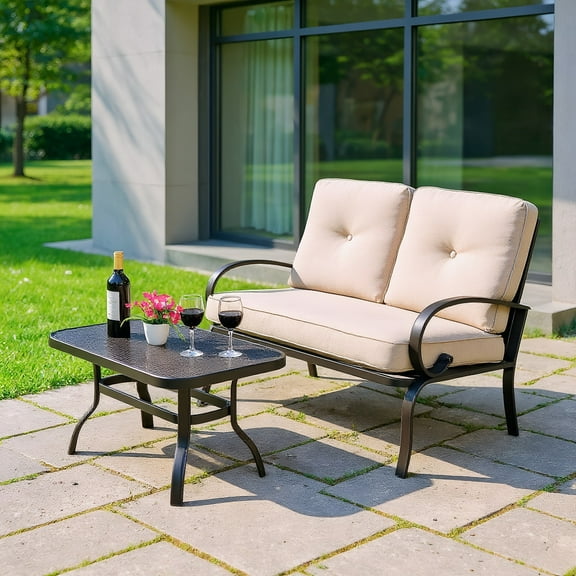 Resenkos 2 Pieces 2-Person Cushioned Outdoor Bench with Coffee Table Garden Patio Benches Seating Furniture