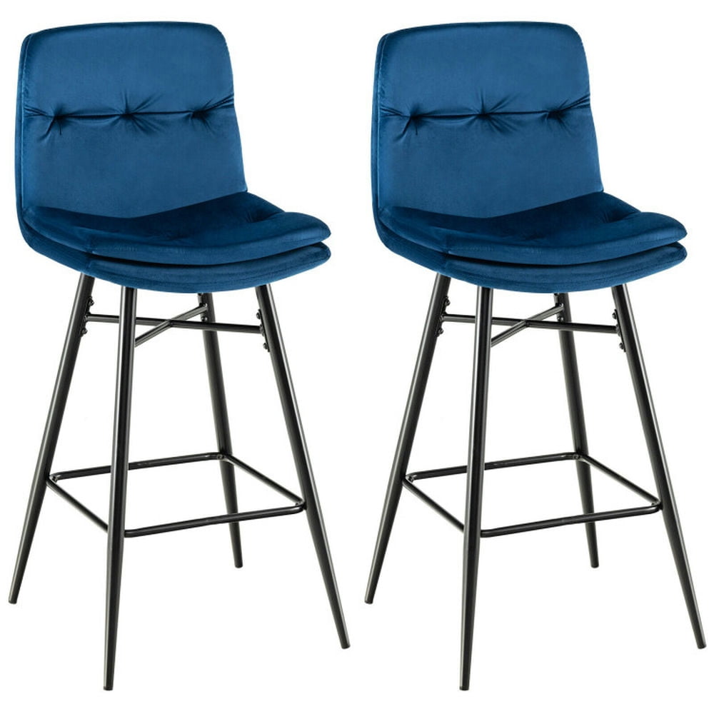 Resenkos 2 Pieces 29 Inch Velvet Bar Stools Set with Tufted Back and Footrests-Blue, Bar Height Stools, Bar Stools for Kitchen Island for Kitchen, Dining Room