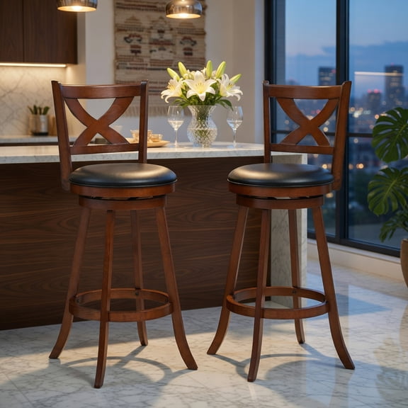 Resenkos 2 Pieces Classic Counter Height Swivel Bar Stool Set with X-shaped Open Back-30 Inch, Bar Height Stools, Bar Stools for Kitchen Island for Kitchen, Dining Room