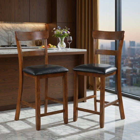 Resenkos 2 Pieces Counter Height Chair Set with Leather Seat and Rubber Wood Legs, Bar Height Stools, Bar Stools for Kitchen Island for Kitchen, Dining Room