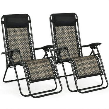 Resenkos 2 Pieces Folding Patio Rattan Zero Gravity Lounge Chair-Gray, Zero Gravity Lawn Lounge Chairs with Cup Holder, Reclining Folding Outdoor Chairs for Deck, Beach, Yard