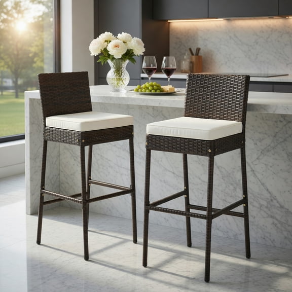 Resenkos 2 Pieces Patio Cushioned Wicker Barstools with Cozy Footrest-Set of 2 for Balcany, Poolside