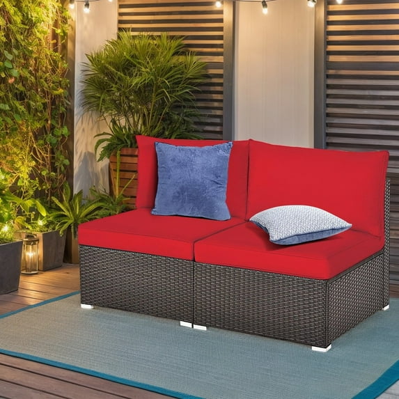 Resenkos 2 Pieces Patio Rattan Armless Sofa Set with 2 Cushions and 2 Pillows-Red, Patio Seating Conversation Set, Modern Patio Sofa Sectional All Weather Proof for Patio Back Deck