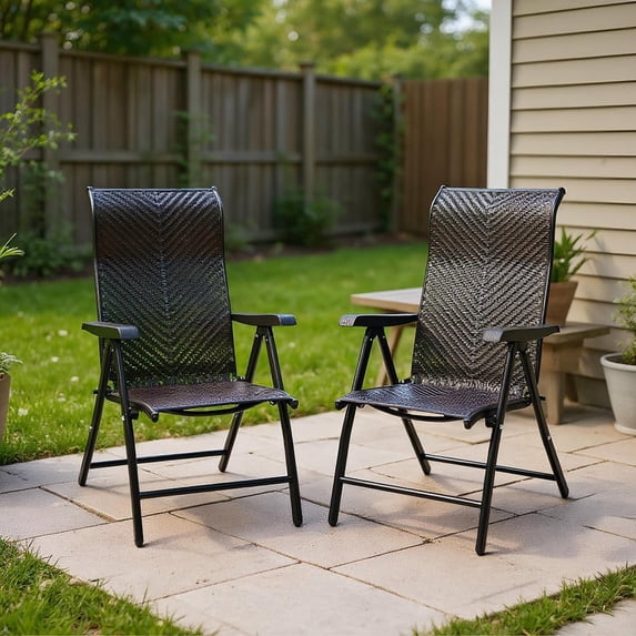 Resenkos 2 Pieces Patio Rattan Folding Reclining Chair, Outdoor Dining Chair for Outside Patio, All Weather, Porch, Garden, Poolside