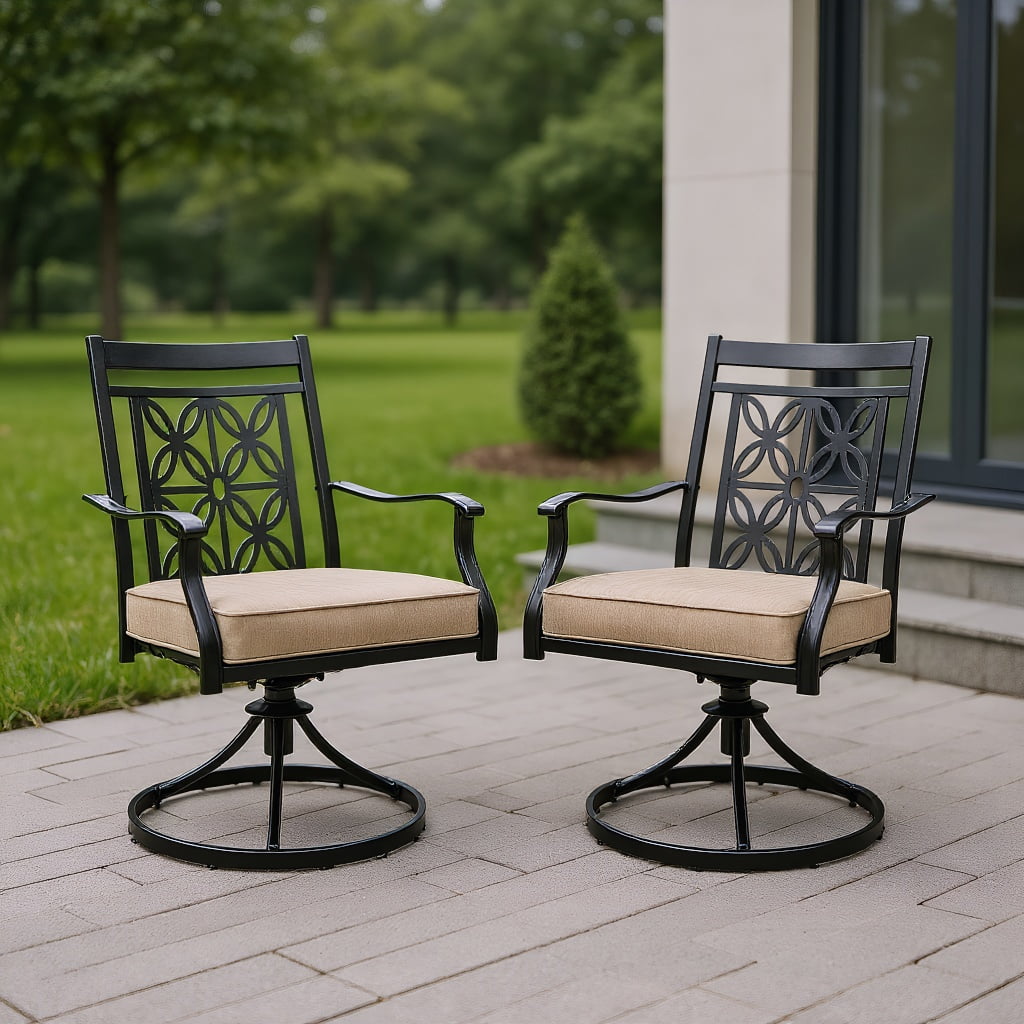 Resenkos 2 Pieces Patio Swivel Chairs with Blossom Pattern Backrest and Cushions-Black, Outdoor Dining Chair for Outside Patio, All Weather, Porch, Garden, Poolside