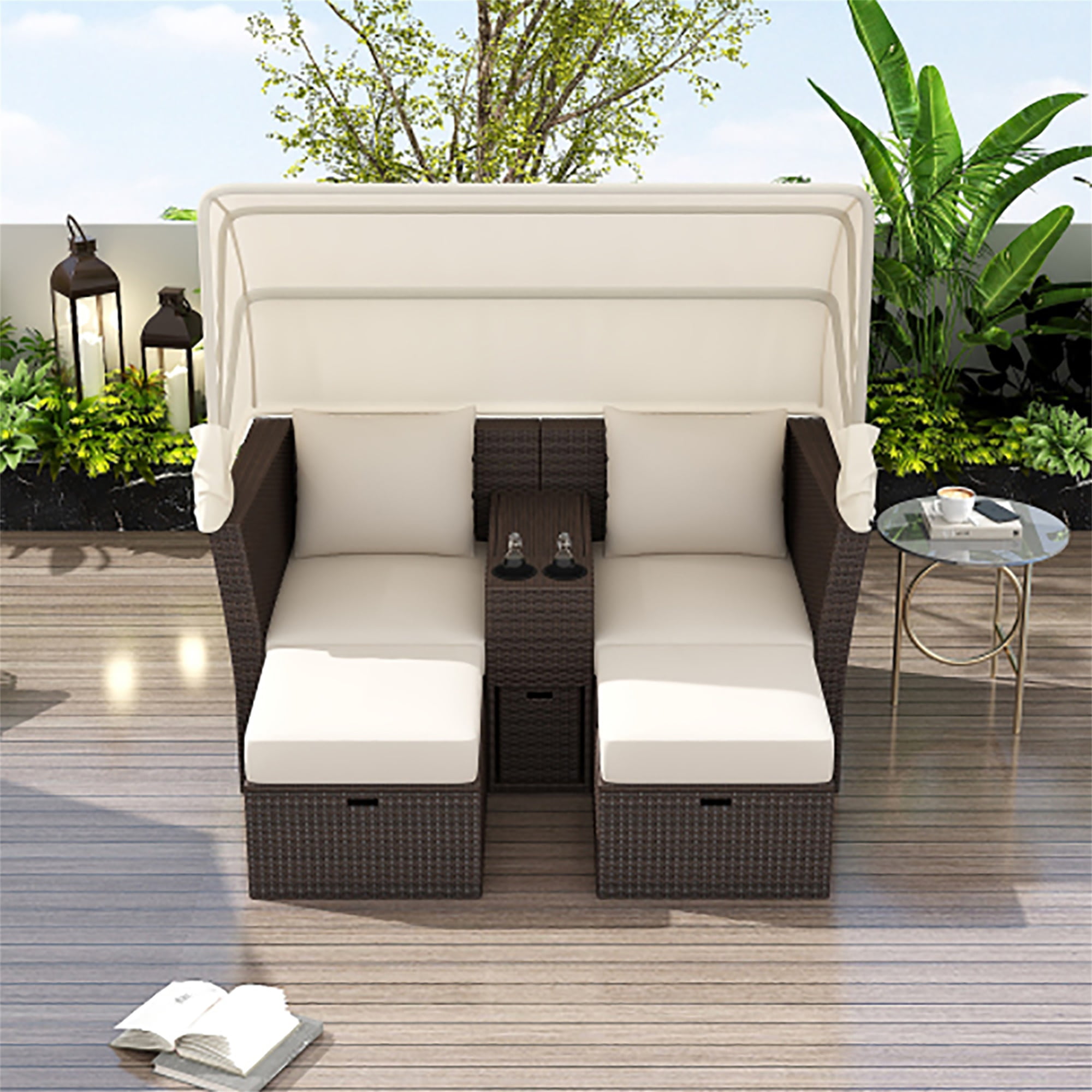Resenkos 2 Seater Patio Furniture Set Outdoor Patio Chairs with Ottomans Daybed Outdoor Loveseat Sofa Set with Foldable Awning and Cushions for Garden Balcony Poolside Beige Walmart