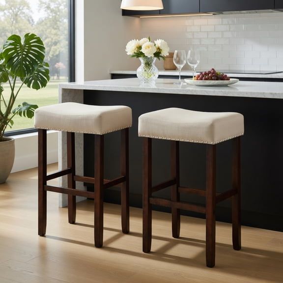 Resenkos 2 Set of 29 Inch Height Upholstered Bar Stool with Solid Rubber Wood Legs and Footrest-Beige, Bar Height Stools, Bar Stools for Kitchen Island for Kitchen, Dining Room