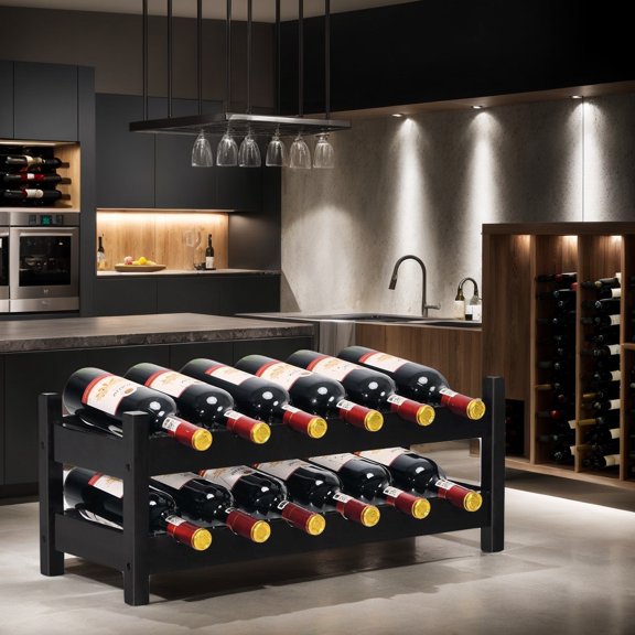 Resenkos 2-Tier 12 Bottles Bamboo Storage Shelf Wine Rack-Brown, Wine Storage Racks, Bar Cabinet, for Kitchen Dining Room
