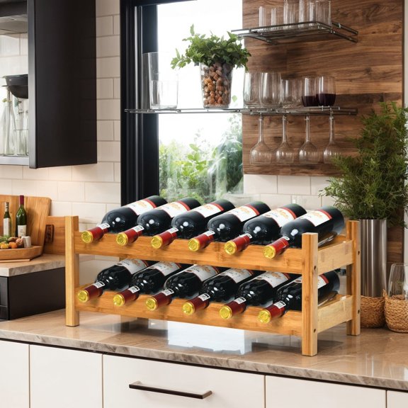 Resenkos 2-Tier 12 Bottles Bamboo Storage Shelf Wine Rack-Natural, Wine Storage Racks, Bar Cabinet, for Kitchen Dining Room