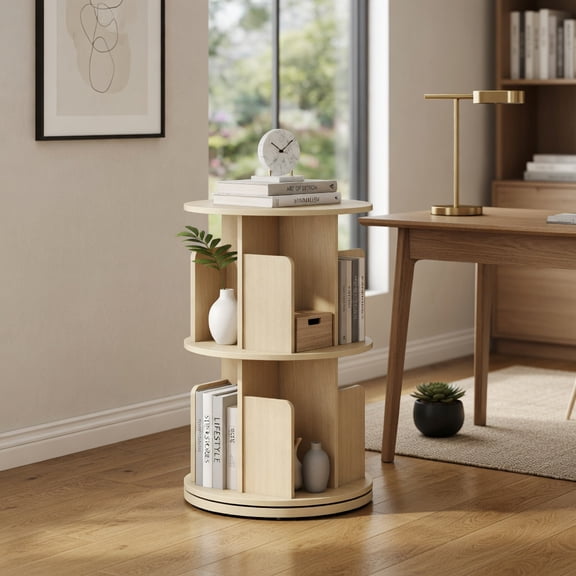 Resenkos 2-Tier 360-Degree Rotating Bookshelf with Dividers and Baffles - Natural