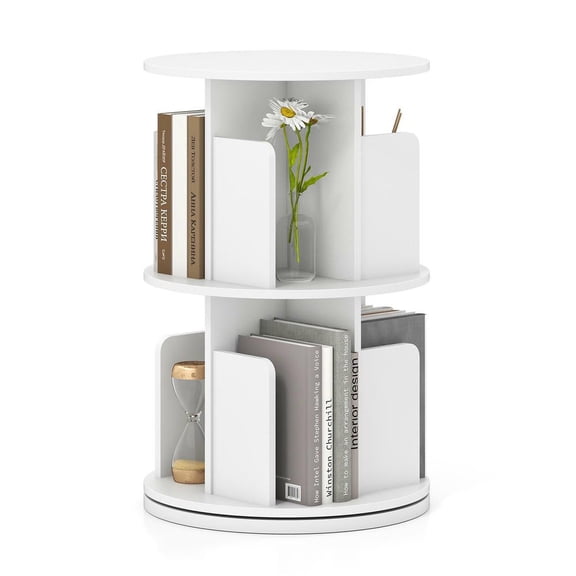 Resenkos 2-Tier 360-Degree Rotating Bookshelf with Dividers and Baffles - White