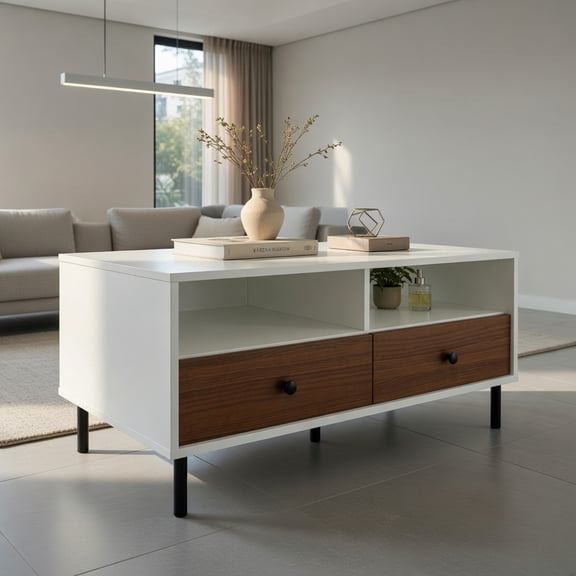 Resenkos 2 Tier 40 Inch Length Modern Rectangle Coffee Table with Storage Shelf and Drawers-White, Modern Coffee Table for Living Room Office Reception