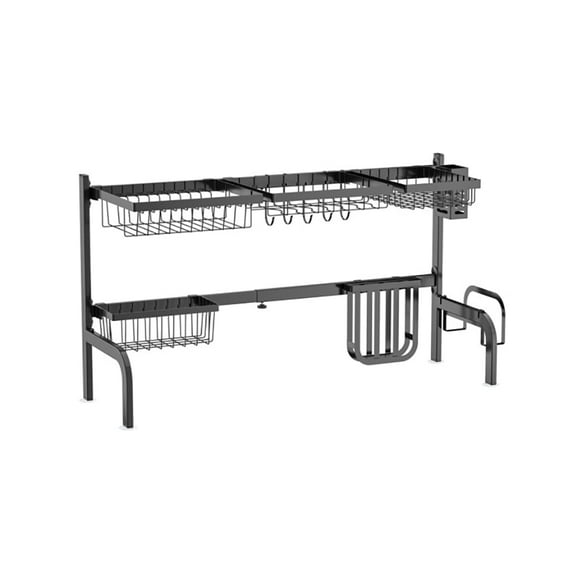 Resenkos 2 Tier Adjustable Over Sink Dish Drying Rack with 8 Hooks, Over Sink Dish Drying Rack for Kitchen Counter Organizer Storage Space Saver