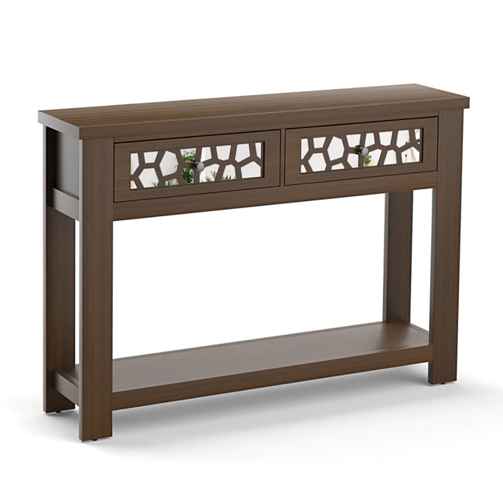 Resenkos 2-Tier Console Table with Drawers and Open Storage Shelf-Brown ...