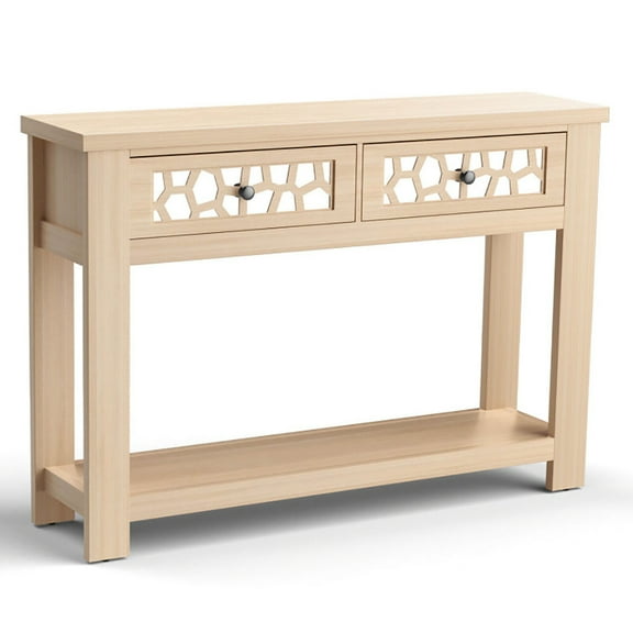 Resenkos 2-Tier Console Table with Drawers and Open Storage Shelf-Natural, Narrow Console Table, Entryway Hall Table with Shelves for Foyer & Entry Spaces
