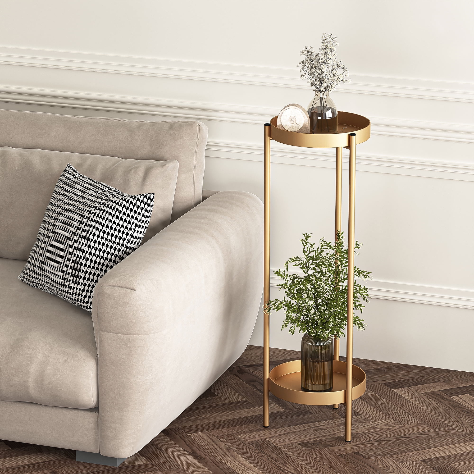 Resenkose 2-Tier Metal Round Accent Side Table Removable Tray for Plant Display, Golden