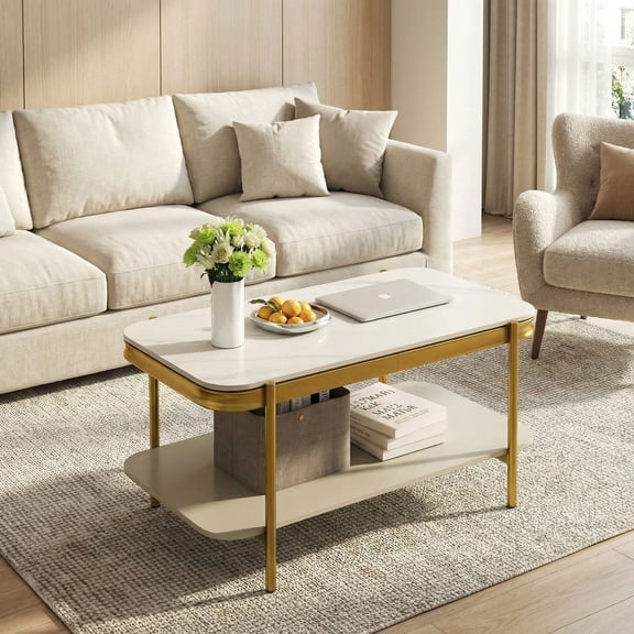 Resenkos 2-Tier Modern Rectangular Coffee Table, Sintered Stone Top Storage Table for Living Room, White