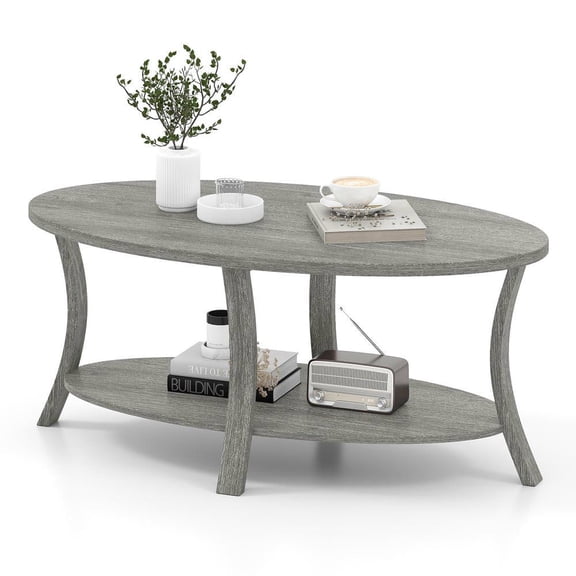 Resenkos 2-Tier Oval Coffee Table with Open Storage Shelf, Gray Finish