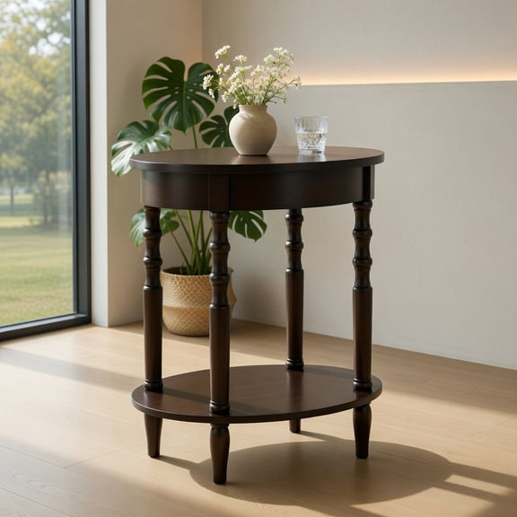 Resenkos 2-Tier Oval Side Table with Storage Shelf and Solid Wood Legs-Espresso, Nightstand Small Side Table, End Table for Bedroom Living Room