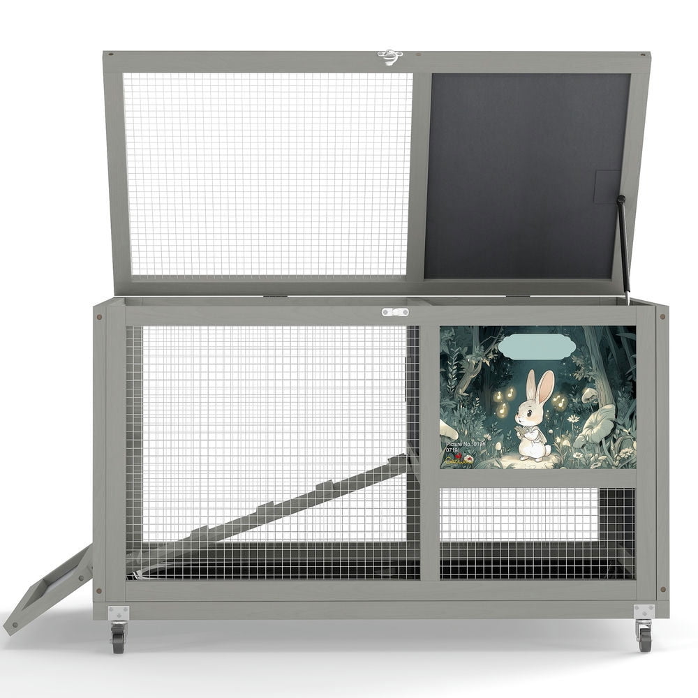 Resenkos 2-Tier Rabbit Hutch, Wooden Cage with Rollers, Removable Roof, Stairs, Easy-Clean Tray, Guinea Pig Home, Gray With Colorful Patterns