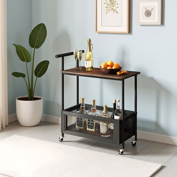 Resenkos 2-Tier Rolling End Table with Handle, Mesh Basket Mobile Side Table for Living Room, Bedroom, Rustic Brown