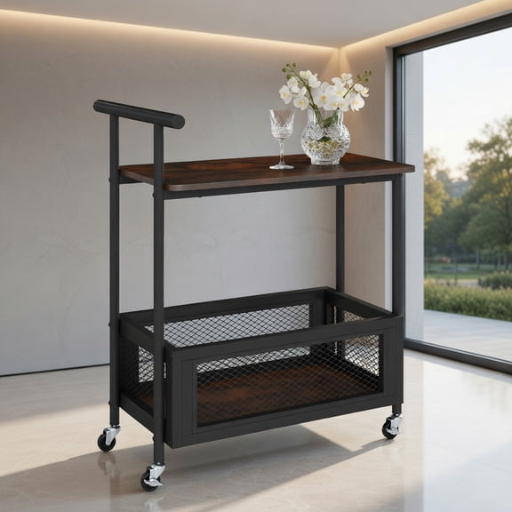 Resenkos 2-Tier Rolling End Table with Handle, Mesh Basket Mobile Side Table for Living Room, Bedroom, Rustic Brown