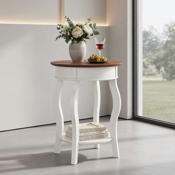 Resenkos 2-Tier Round End Table with Storage Shelf and Solid Rubber Wood Legs-Walnut & White, Nightstand Small Side Table, End Table for Bedroom Living Room