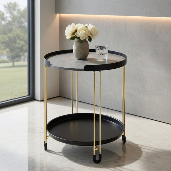 Resenkos 2-Tier Round Side Table with Removable Tray and Metal Frame for Small Space-Golden, Nightstand Small Side Table, End Table for Bedroom Living Room