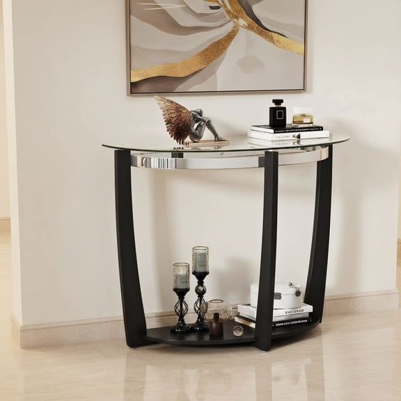 Resenkos 2-Tier Tempered Glass Console Table with Clear Glass Top, Half Moon Entry Table with Open Shelf for Hallway, Black