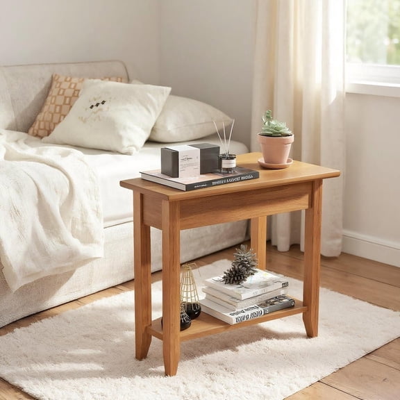 Resenkose 2-Tier Wedge Narrow End Table with Storage Shelf & Solid Wood Legs, Space-Saving Side Table for Living Room & Bedroom, Walnut