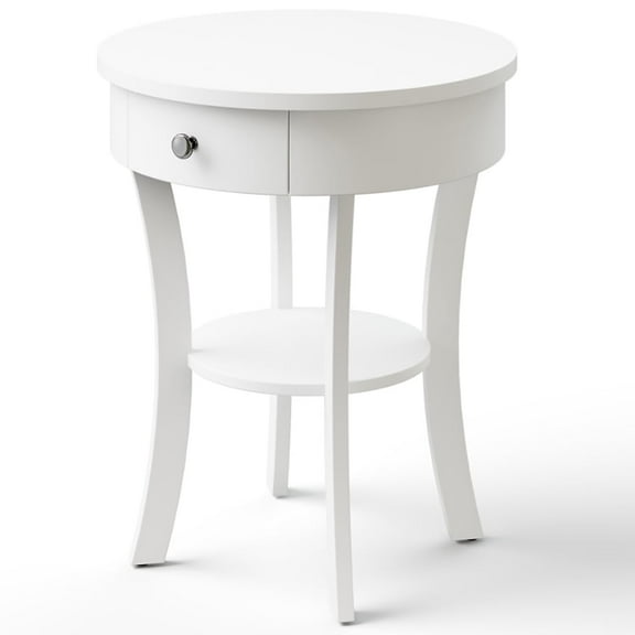 Resenkos 2-Tier Wood Round End Table with Open Drawer-White, Nightstand Small Side Table, End Table for Bedroom Living Room