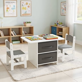 Resenkos 2-in-1 Kids Double-sided Activity Building Block Table with Drawers-Brown, Small Folding Table for Arts & Crafts, Snack Time, Homeschooling, Homework