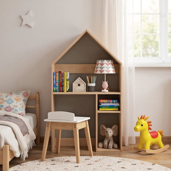 Resenkos 2-in-1 Kids House-Shaped Table and Chair Set-Gray, Small Folding Table for Arts & Crafts, Snack Time, Homeschooling, Homework