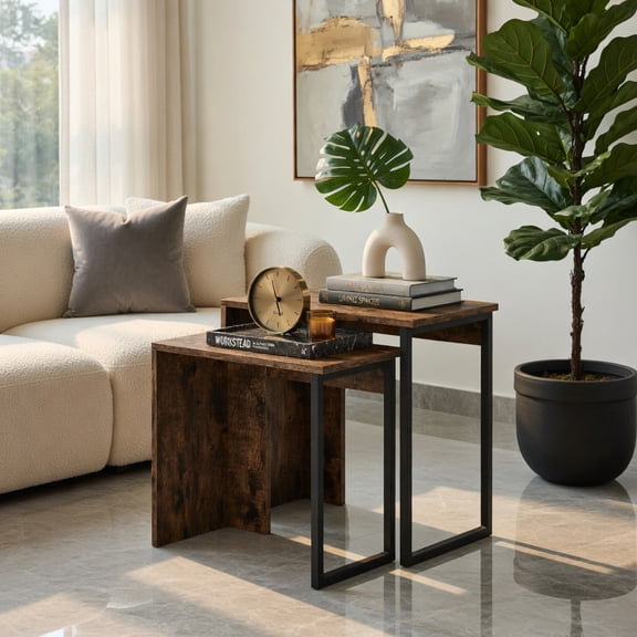 Resenkos 2-in-1 Nesting Coffee Table Set for Flexible Living Room Layout, Rustic Brown