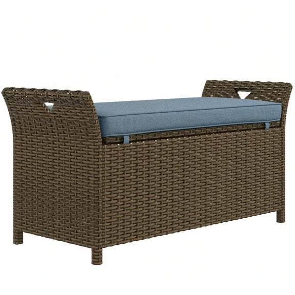 Resenkos 2-in-1 Rattan Bench, Dark Blue Storage Box with Cushion, 29 Gal, Outdoor Patio Furniture, Space-Saver,Dark Blue