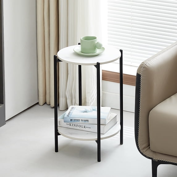 Resenkos 2-shelf Faux Marble Tabletop End Table with Black Metal Frame, Round Accent Table for Sofa Side, Living Room White
