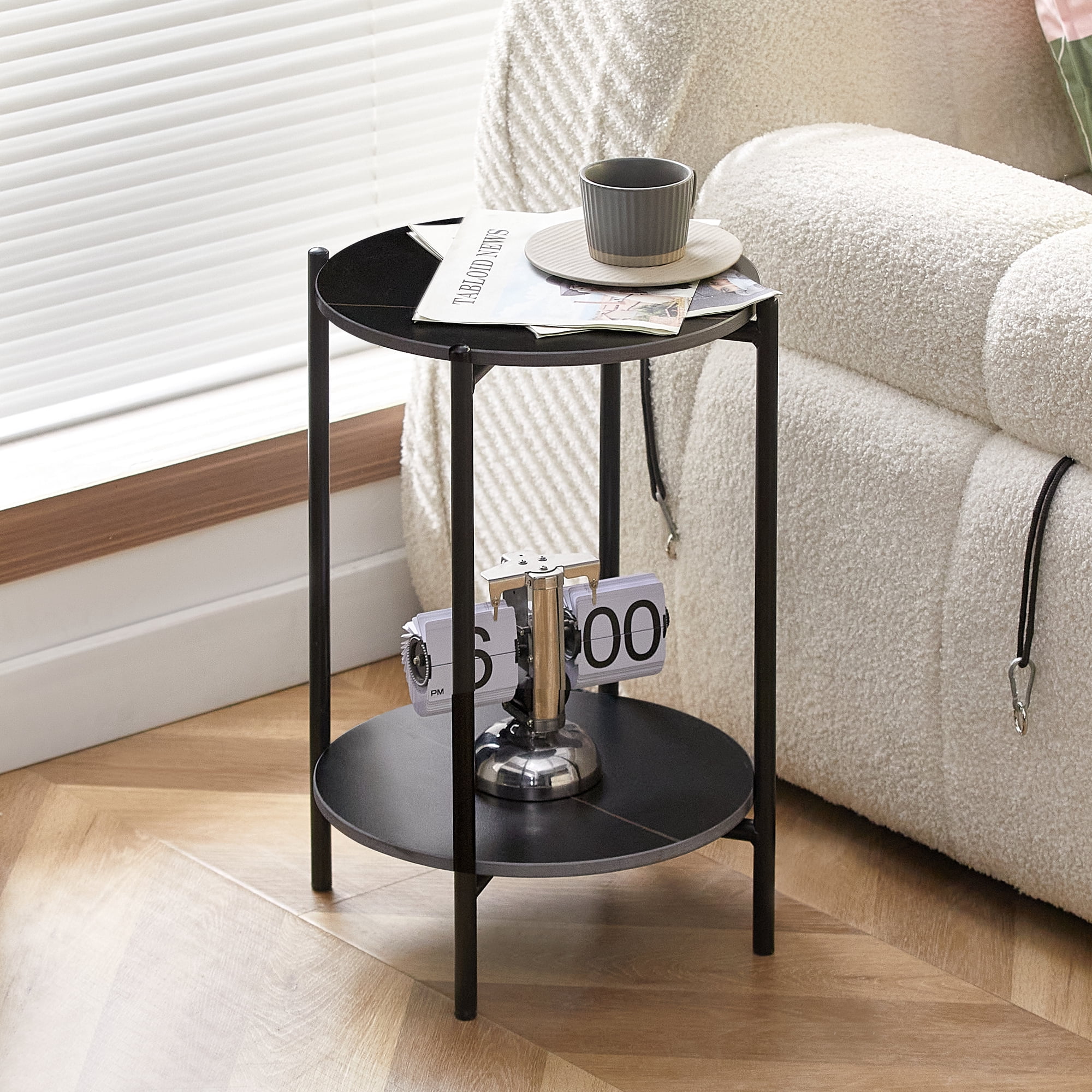 Resenkos 2-shelf Faux Marble Tabletop End Table with Black Metal Frame, Round Accent Table for Sofa Side, Living Room